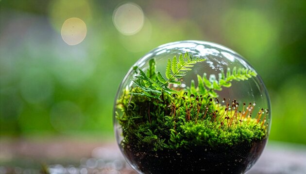 Surreal Miniature Fern and Moss Ecosystem Inside a Glass Terrarium Sphere