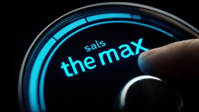 Finger turning glowing blue dial to reach maximum setting for performance optimization with performance technology optimization business potential interface background minimalist