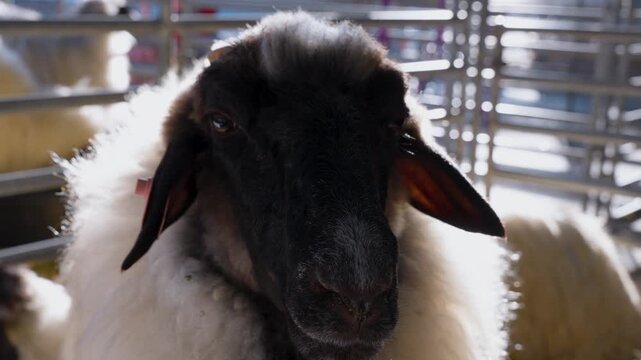 Close up of sheeps face with full body of wool