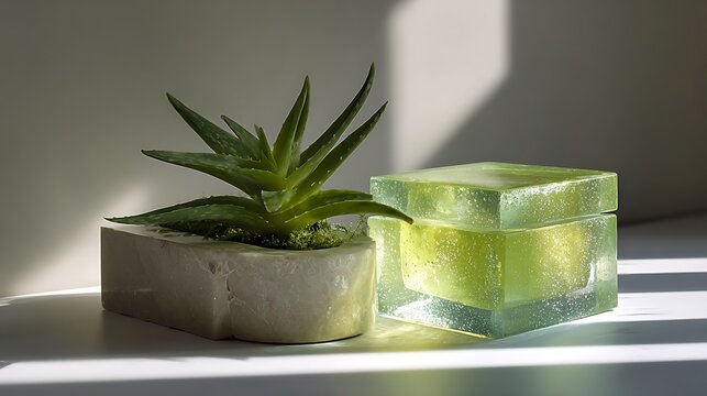 Aloe vera plant beside translucent green glass jar on minimalist white surface under soft sunlight with container under natural displays small aloe