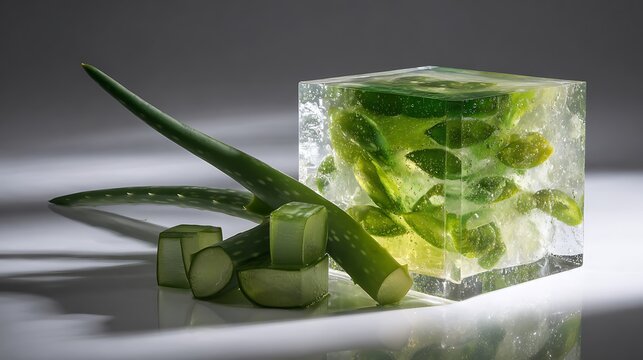 Fresh aloe vera plant pieces arranged beside transparent gel cube with rectangular block filled next clear rectangular filled suspended green