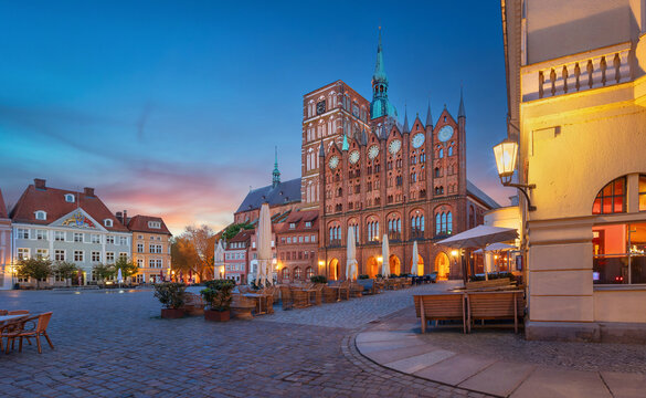 Stralsund, Germany - HDR image of Alter Markt square with gothic Town Hall (Rathaus) at dusk