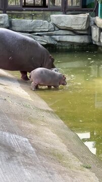 Mother hippopotamus and baby hippo entering water in zoo