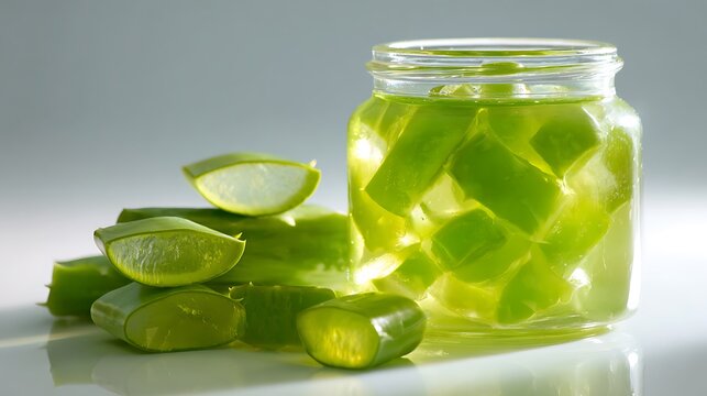 Fresh aloe vera gel chunks preserved inside clear glass jar beside sliced succulent plant leaves with bright reflective surface filled translucent aloe