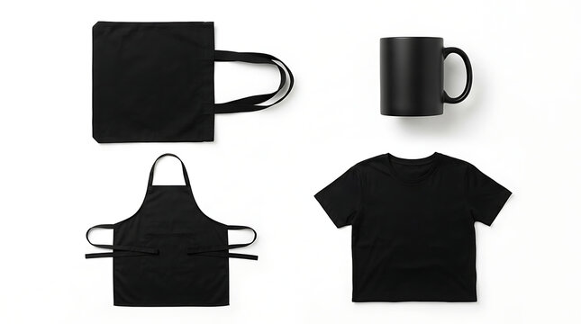 Four Plain Black Items Mockup Set Including Tote Bag Mug Kitchen Apron and T-Shirt for Design
