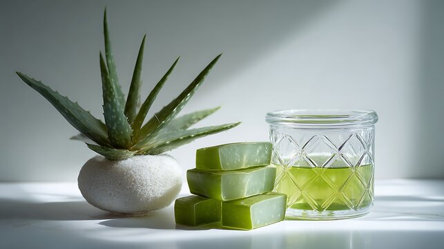 Fresh aloe vera plant beside stacked green soap bars and glass jar of natural extract with glass container filled translucent liquid white surface