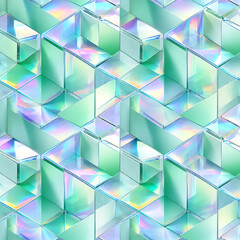 Obraz premium Abstract geometric 3D blocks made of iridescent holographic crystals seamless pattern