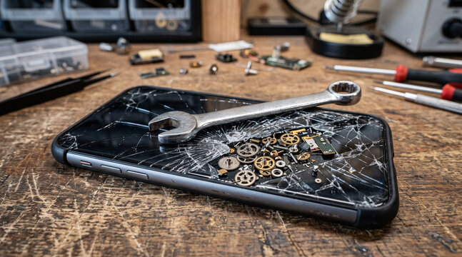 Smashed smartphone display and internal clockwork gears on wooden table with repair tools.