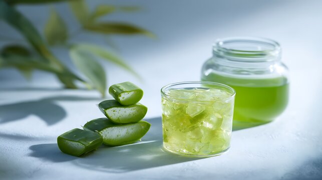 Fresh aloe vera gel cubes arranged beside glass container on soft blue textured surface background with displays small glass stack sliced leaves