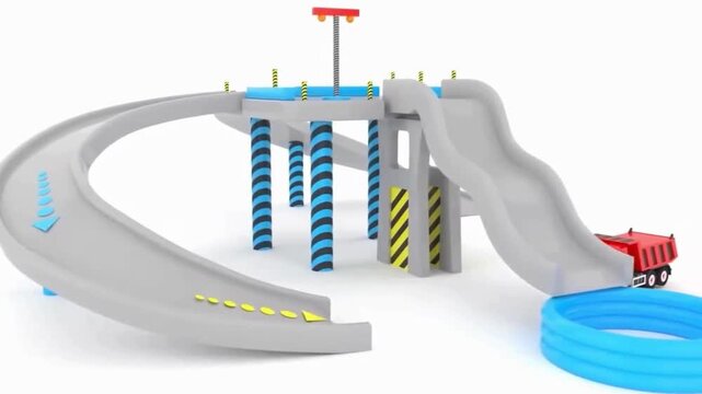3D animation of red toy dump truck driving up curved ramp to top bridge platform in 4k