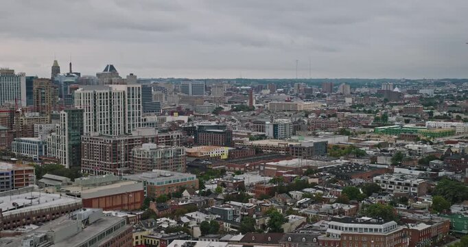 Baltimore Maryland Aerial v55 flyover above Fells Point, revealing residential blocks, downtown, Patapsco River harbor and Federal Hill - Shot with Inspire 3 8k - Sept 28th 2023