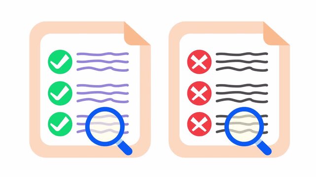 Approved and rejected paper document sets with checkmarks, cross marks, and magnifying glass cartoon animation for business audit comparison symbol isolated on an alpha channel.