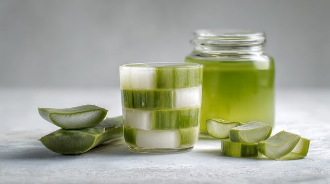 Fresh aloe vera cubes arranged within glass container surrounded by sliced succulent plant leaf pieces with leaves textured surface showcases glass filled