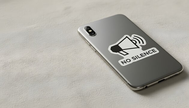 Sleek smartphone featuring a no silence phone sticker on back casing lying on neutral background, symbolizing freedom of speech for Human Rights Day concept
