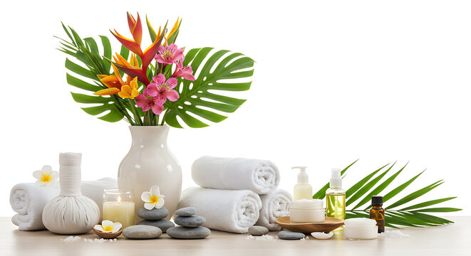 Spa Set with Towels Flowers and Essential Oil Bottles