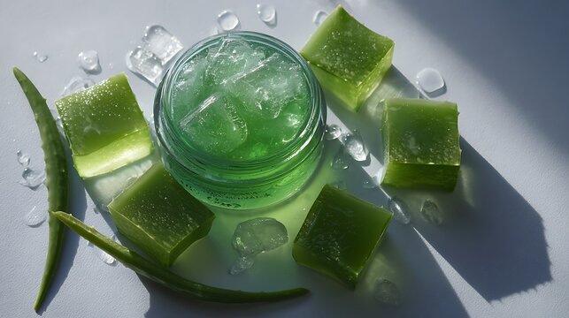 Fresh aloe vera gel container surrounded by sliced cubes and plant leaves on white surface with ice white background displays glass jar filled green aloe