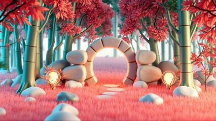 Stylized forest scene. Stone archway leads into pink grass area. Trees display vibrant red foliage, soft lighting creates calm mood. © antishock