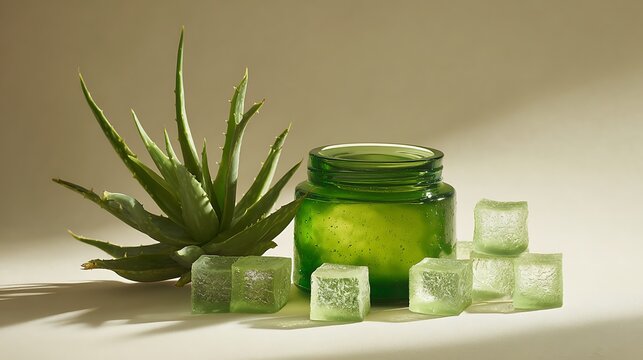Aloe vera plant beside a green glass cosmetic jar surrounded by refreshing frozen gel cubes with amidst several translucent skincare cream amidst