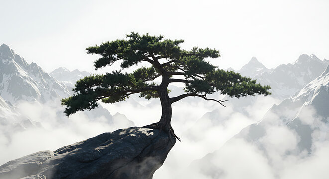 Dramatic Pine Tree on Cliff Edge with Fog Mountains