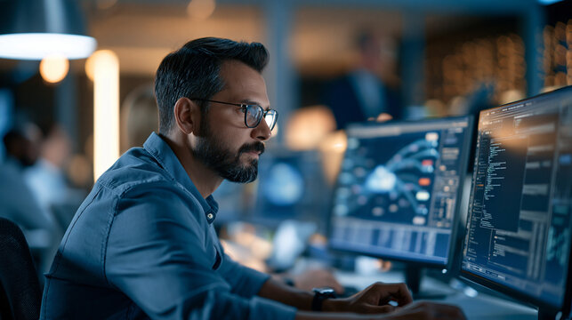 Photorealistic IT administrator managing cloud-based infrastructure from a clean operations room, multiple monitors showing abstract server status panels and connected services,