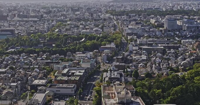 Kyoto Japan Aerial v26 telephoto tracking flyover from Shishigatani toward Okazaki Hoshojicho, revealing Sakyo neighborhoods and Kyoto City Zoo - Shot with Mavic 3 Pro Cine - Oct 7th 2023