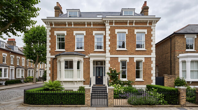 Victorian townhouse facade, warm honey-red brick with white stone window dressings, original sash windows, black iron railings, box hedge garden