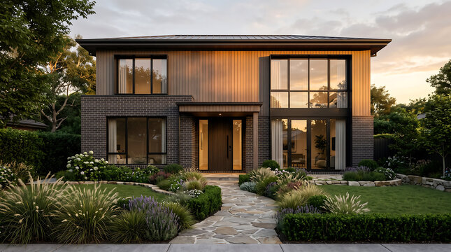 Contemporary house, dark charcoal brick base with warm timber upper floor, black-framed windows, ornamental grass garden, golden hour from right