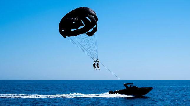 Silhouette of people parasailing high above the sparkling blue ocean water towed by a speedboat