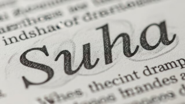 Macro shot of the name "Suha" highlighted on a printed page with surrounding text blurred