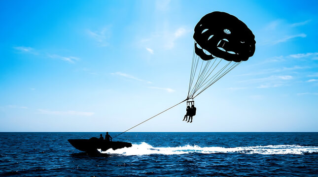 Parasailing silhouette of people flying with a parachute towed by a speedboat on the sea