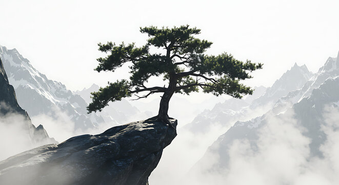 Lone Pine Tree on Rocky Cliff with Misty Mountains