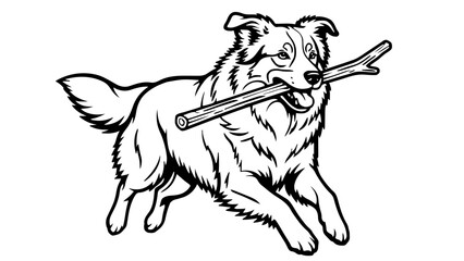 Fototapeta premium Ein laufender Hund trägt stolz einen Stock im Maul. Das dynamische Motiv vermittelt Spielfreude und gemeinsame Zeit in der Natur.