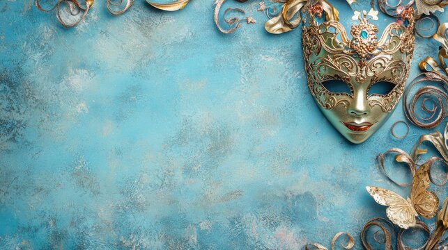 Elegant Venetian Carnival Mask on Textured Blue Background