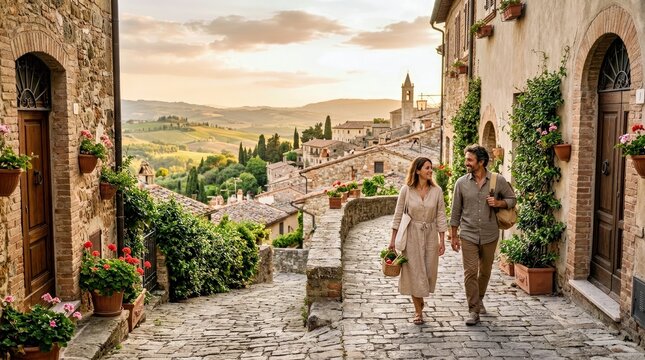 Couple Strolling Cobblestone Street in Historic Italian Village at Sunset
