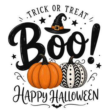 Halloween boo lettering, trick or treat quote illustration, orange and white pumpkins art isolated PNG with Transparent Background