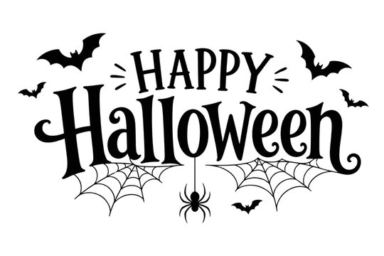 Halloween typography illustration, black spooky lettering with bats spiderweb, greeting design isolated PNG with Transparent Background