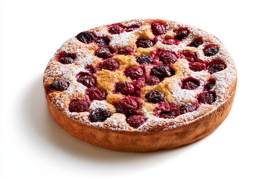 Clafoutis aux cerises traditionnelles sur fond blanc. G&acirc;teau moelleux gorg&eacute; de fruits juteux cuits au four, d&eacute;licatement saupoudr&eacute; de sucre glace