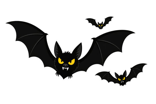 Cartoon bat illustration, spooky black flying bats with yellow eyes, Halloween party graphic art isolated PNG with Transparent Background