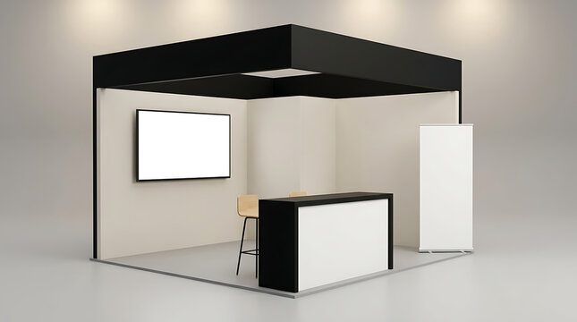 Modern Exhibition Trade Show Booth Mockup with Display Screen Counter Banner
