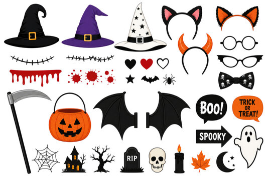 Cute Halloween icons set, cartoon spooky symbols. Pumpkin bat ghost candy graphics for party isolated PNG with Transparent Background