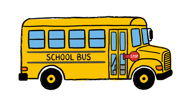 Yellow school bus illustration with red stop sign and side text isolated on white surface
