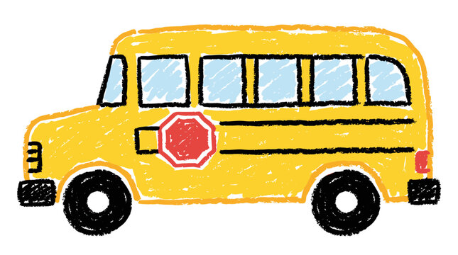 Detailed school bus vector illustration with red stop sign hand drawn crayon art graphic