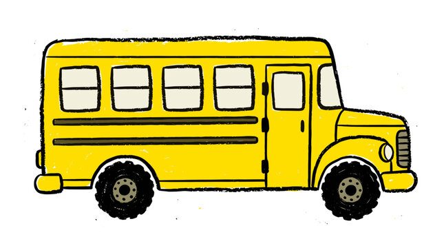 Hand drawn vintage style yellow school bus illustration with detailed textured bus design