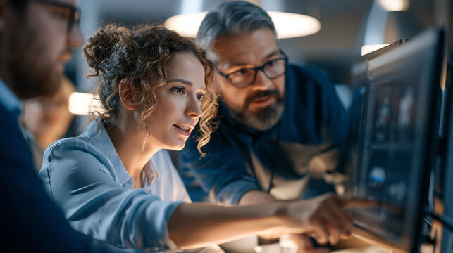 Photorealistic multidisciplinary design team evaluating several AI-generated product concepts displayed as neutral visual thumbnails, team members discussing accuracy, originality
