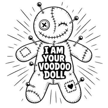 Voodoo doll illustration, stitched rag doll with pins and curse text, spooky occult graphic design isolated PNG with Transparent Background
