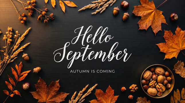 Hello september autumn flatlay composition with dry leaves and nuts on black