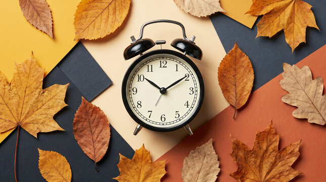 Vintage alarm clock on abstract geometric paper background with leaves, abstract