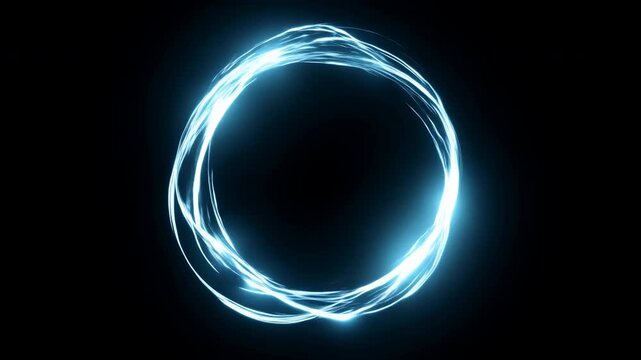 Glowing cyan energy ring shifting through changing shapes on deep black background, with swirling light, soft halo glow, circular symmetry, futuristic digital mood