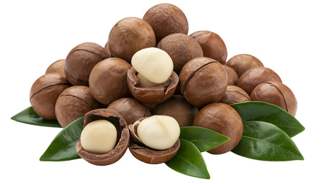 Pile of whole and cracked macadamia nuts with green leaves, isolated on transparent background