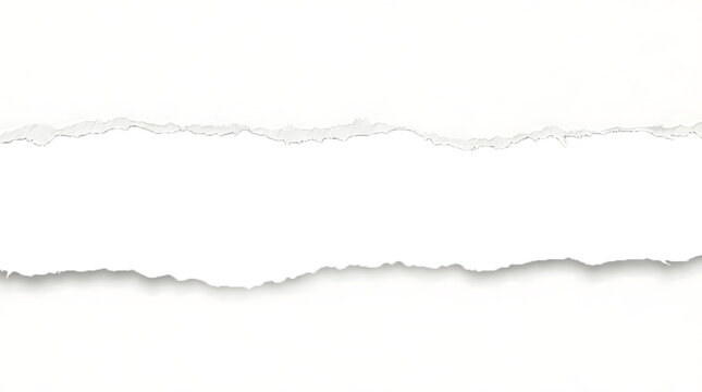 White paper sheet with a horizontal torn edge strip featuring a realistic shredded texture for creative graphic design and paper craft overlay projects